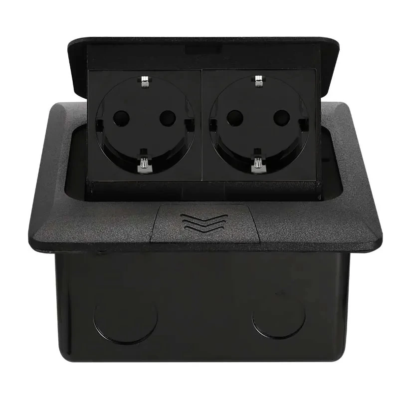 Розетка підлогова подвійна LIVOLO чорна, вбудована у підлогу, для кухні, офісу чи конференц-залу, з кришкою, висувна, з заземленням, IP44, плавне відкриття, алюміній, розмір 145×145×65 мм (VL-SHS016-TCBP-B)