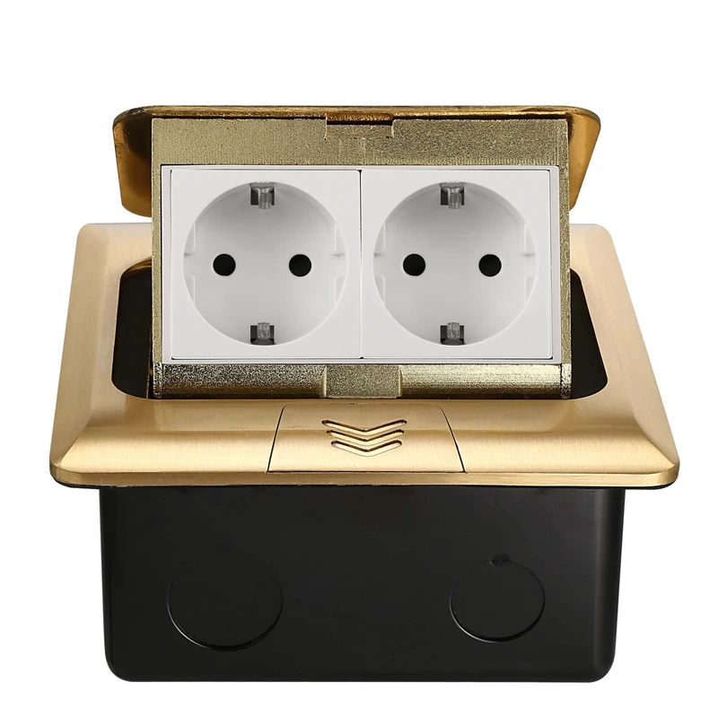 Розетка підлогова подвійна LIVOLO золота, вбудована у підлогу, для кухні, офісу чи конференц-залу, з кришкою, висувна, з заземленням, IP44, плавне відкриття, алюміній, розмір 145×145×65 мм (VL-SHS016-TCWP-A)