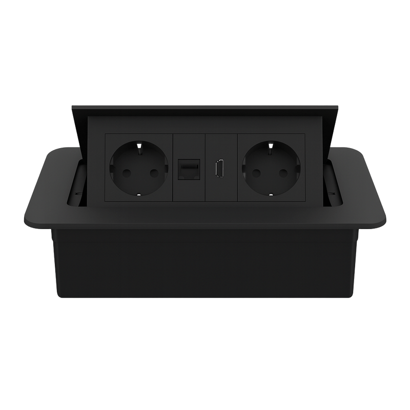 Меблева розетка потрійна LIVOLO чорна, вбудована у стільницю для офісу/конференц-залу/кухні, з інтернет RJ-45, HDMI, висувна, з заземленням, плавне відкриття, алюміній (VL-SHS013-TC-CP-HD-6BP-B)