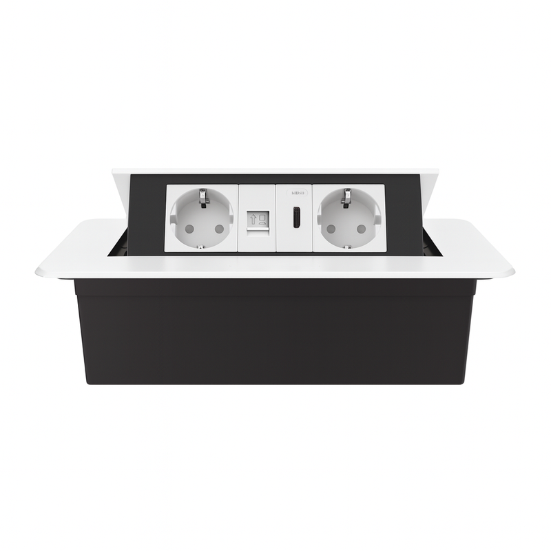 Меблева розетка потрійна LIVOLO біла, вбудована у стільницю для офісу/конференц-залу/кухні, з інтернет RJ-45, HDMI, висувна, з заземленням, плавне відкриття, алюміній (VL-SHS013-TC-CP-HD-6WP-W)