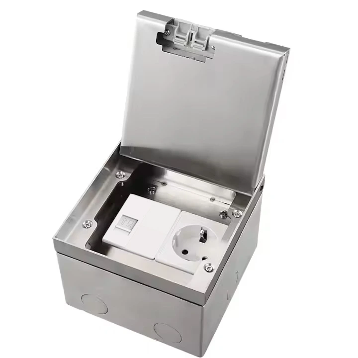 Розетка підлогова подвійна LIVOLO срібна, вбудована невидима прихованого монтажу, з кришкою, з заземленням, інтернет RJ-45, IP54, нержавіюча сталь, розмір 130×130×84 мм (VL-SHSJ52-TCIP-FCCP-I)