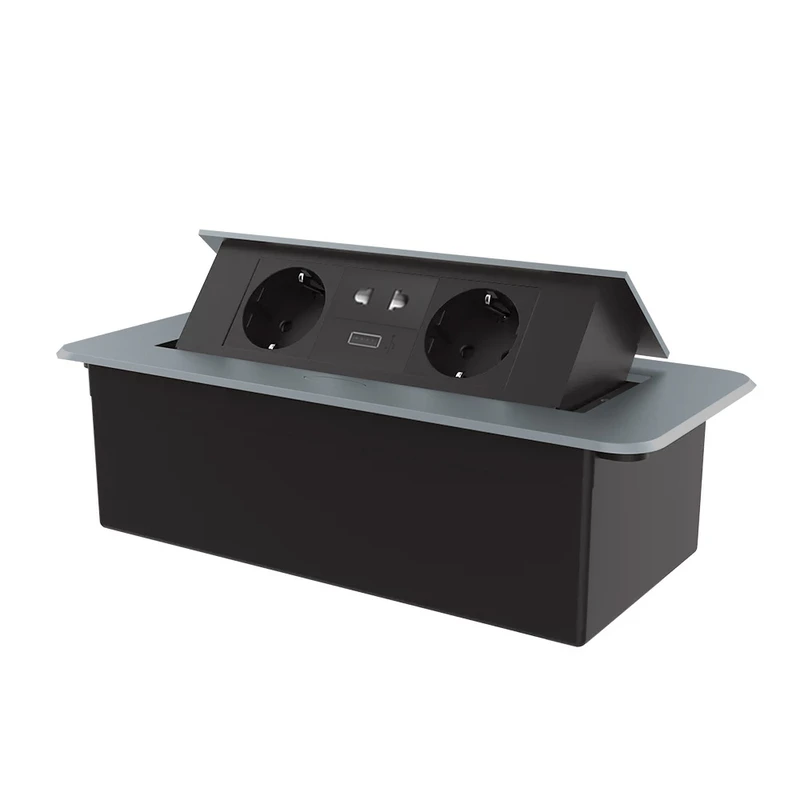 Меблева розетка потрійна LIVOLO сіра, вбудована у стільницю, з USB 10 Вт, універсальною розеткою 2-в-1, висувна, з заземленням, плавне відкриття, алюміній (VL-SHS013-2TC-T25-UA-BP-G)