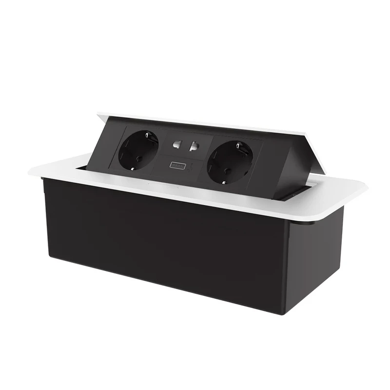 Меблева розетка потрійна LIVOLO біла, вбудована у стільницю, з USB 10 Вт, універсальною розеткою 2-в-1, висувна, з заземленням, плавне відкриття, алюміній (VL-SHS013-2TC-T25-UA-BP-W)