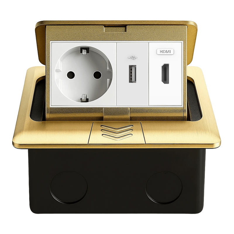 Розетка підлогова подвійна LIVOLO золота, вбудована у підлогу, з USB 10Вт, HDMI, для кухні, офісу чи конференц-залу, з кришкою, висувна, з заземленням, IP44, плавне відкриття, алюміній, розмір 145×145×65 мм (VL-SHS016-TC-HD-UA-A)