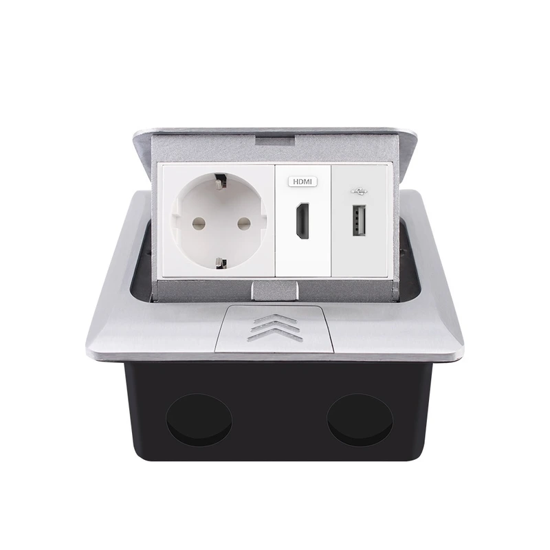 Розетка підлогова подвійна LIVOLO срібна, вбудована у підлогу, з USB 10Вт, HDMI, для кухні, офісу чи конференц-залу, з кришкою, висувна, з заземленням, IP44, плавне відкриття, алюміній, розмір 145×145×65 мм (VL-SHS016-TC-HD-UA-S)