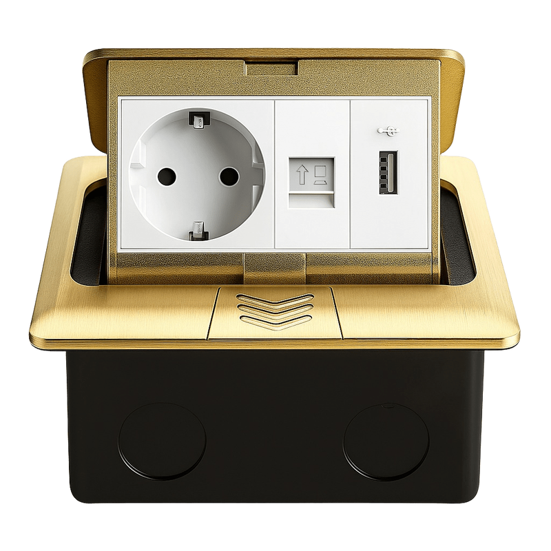 Розетка підлогова подвійна LIVOLO золота, вбудована у підлогу, з USB 10Вт, інтернет RJ-45, для кухні, офісу чи конференц-залу, з кришкою, висувна, з заземленням, IP44, плавне відкриття, алюміній, розмір 145×145×65 мм (VL-SHS016-FCTC-FCUA-FCCP-A)