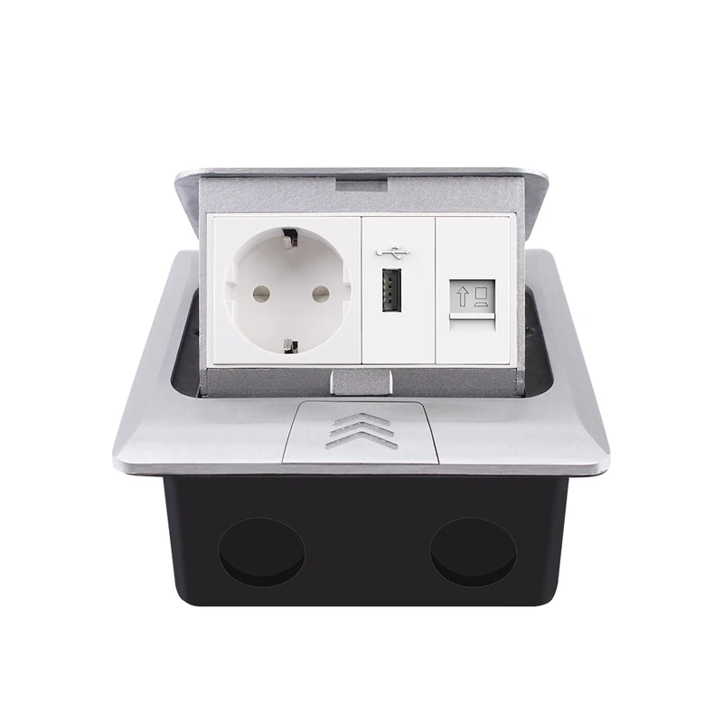 Розетка підлогова подвійна LIVOLO срібна, вбудована у підлогу, з USB 10Вт, інтернет RJ-45, для кухні, офісу чи конференц-залу, з кришкою, висувна, з заземленням, IP44, плавне відкриття, алюміній, розмір 145×145×65 мм (VL-SHS016-FCTC-FCUA-FCCP-S)