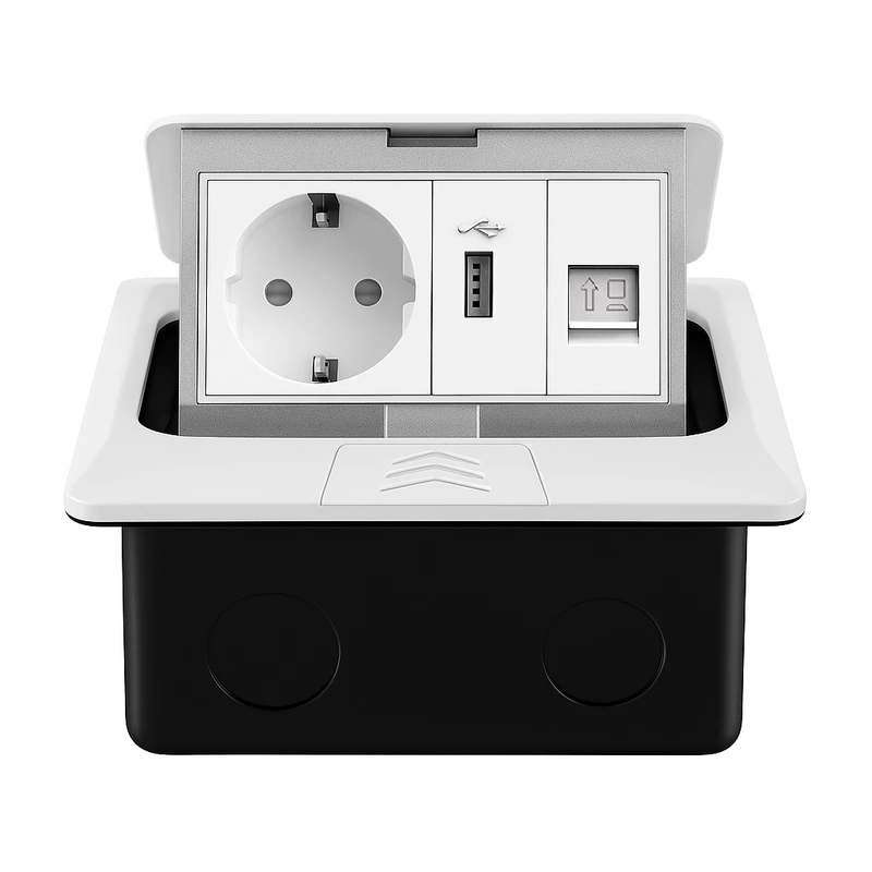 Розетка підлогова подвійна LIVOLO біла, вбудована у підлогу, з USB 10Вт, інтернет RJ-45, для кухні, офісу чи конференц-залу, з кришкою, висувна, з заземленням, IP44, плавне відкриття, алюміній, розмір 145×145×65 мм (VL-SHS016-FCTC-FCUA-FCCP-W)