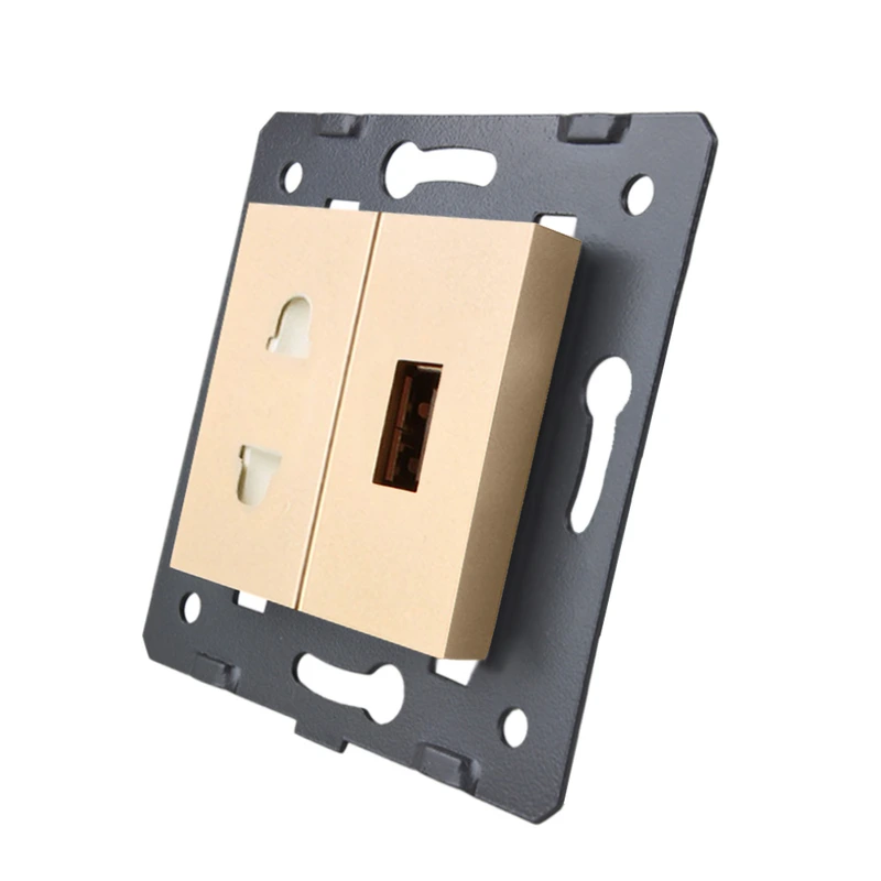 Розетка LIVOLO універсальна + USB зарядка 5V 2.1A, золота, 16А 230В, з шторками, модуль (C7-C1A1USB-13)