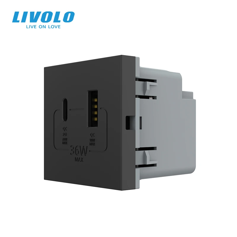 Розетка LIVOLO USB-A + USB-C PD 36Вт, чорна, швидке заряджання, Power Delivery QC 3.0, модуль (VL-FCUA18W.UC18W-2BP)