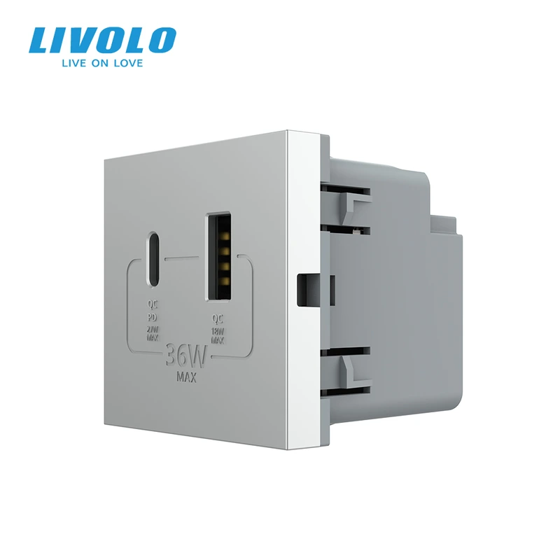 Розетка LIVOLO USB-A + USB-C PD 36Вт, сіра, швидке заряджання, Power Delivery QC 3.0, модуль (VL-FCUA18W.UC18W-2IP)