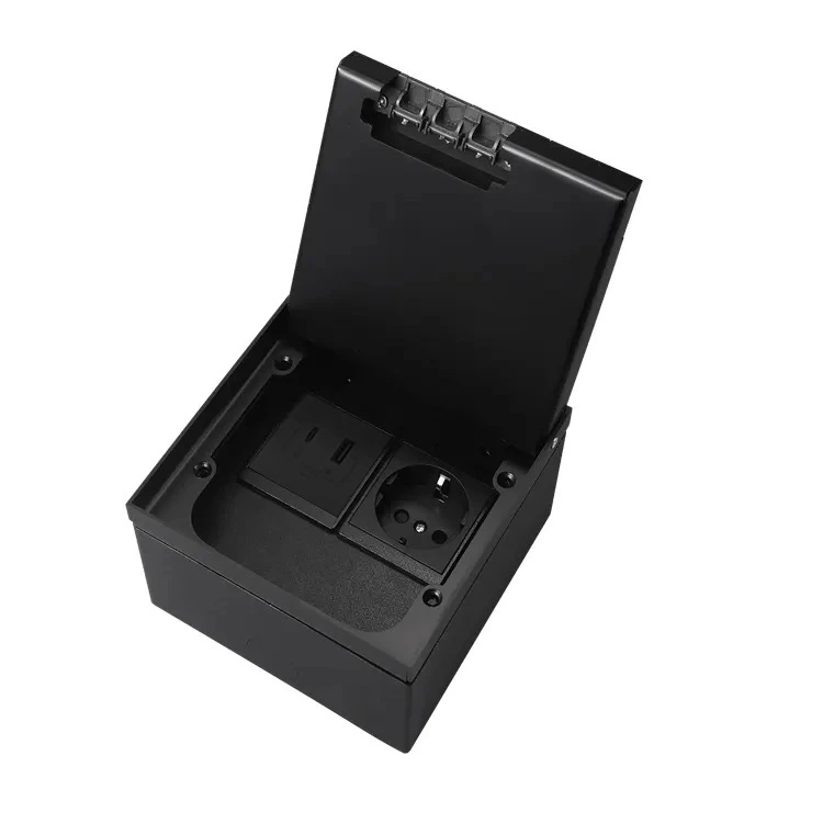 Розетка підлогова подвійна LIVOLO чорна, вбудована невидима прихованого монтажу, з кришкою, з заземленням, з USB-A і USB Type-C 36 Вт, IP54, нержавіюча сталь, розмір 130×130×84 мм (VL-SHSJ52-TCIP-FCCP-FCUA18W.UC18W-B) — Livolo