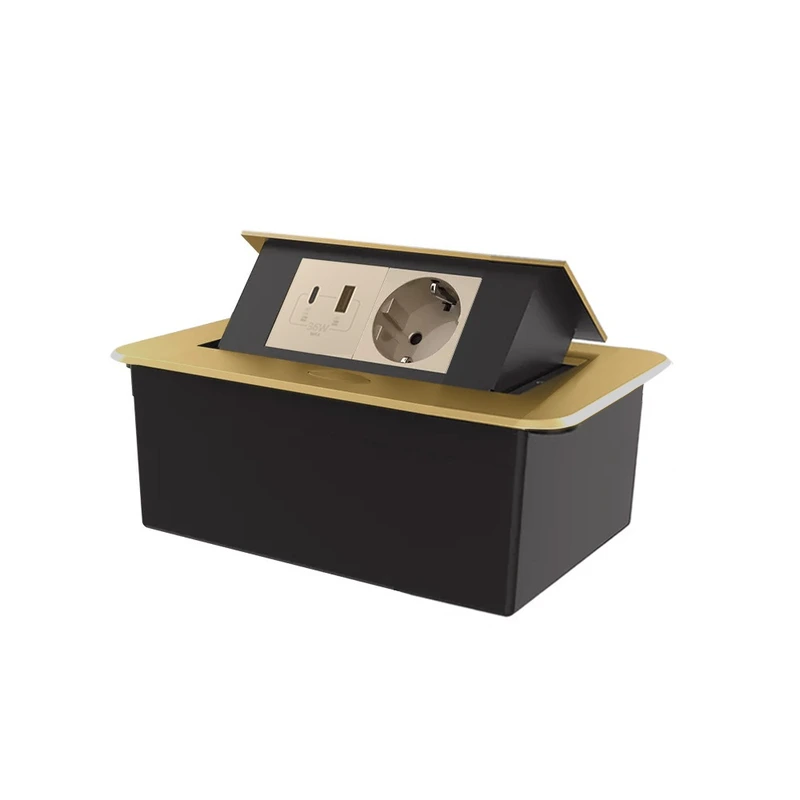 Меблева розетка LIVOLO золота, вбудована у стільницю, з USB-A і USB Type-C 36 Вт, висувна, з заземленням, плавне відкриття, алюміній (VL-SHS012-TC-UA.UC-AP-A)