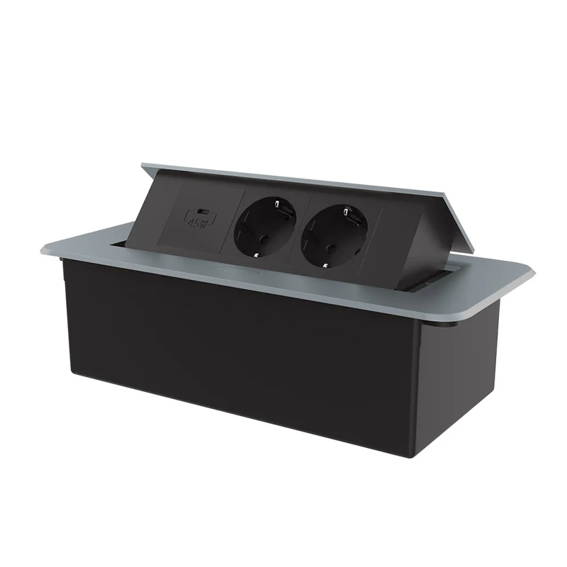 Меблева розетка потрійна LIVOLO сіра, вбудована у стільницю, з USB Type-C 45 Вт, висувна, з заземленням, плавне відкриття, алюміній (VL-SHS013-TC-UC45W-BP-G)