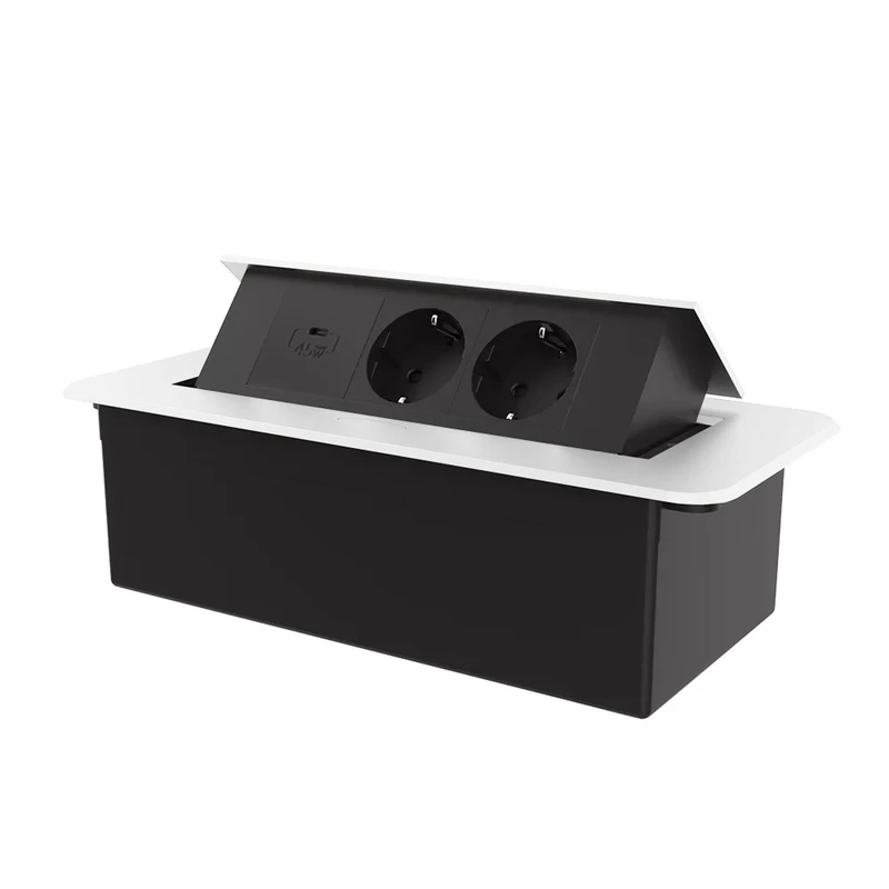 Меблева розетка потрійна LIVOLO біла, вбудована у стільницю, з USB Type-C 45 Вт, висувна, з заземленням, плавне відкриття, алюміній (VL-SHS013-TC-UC45W-BP-W)