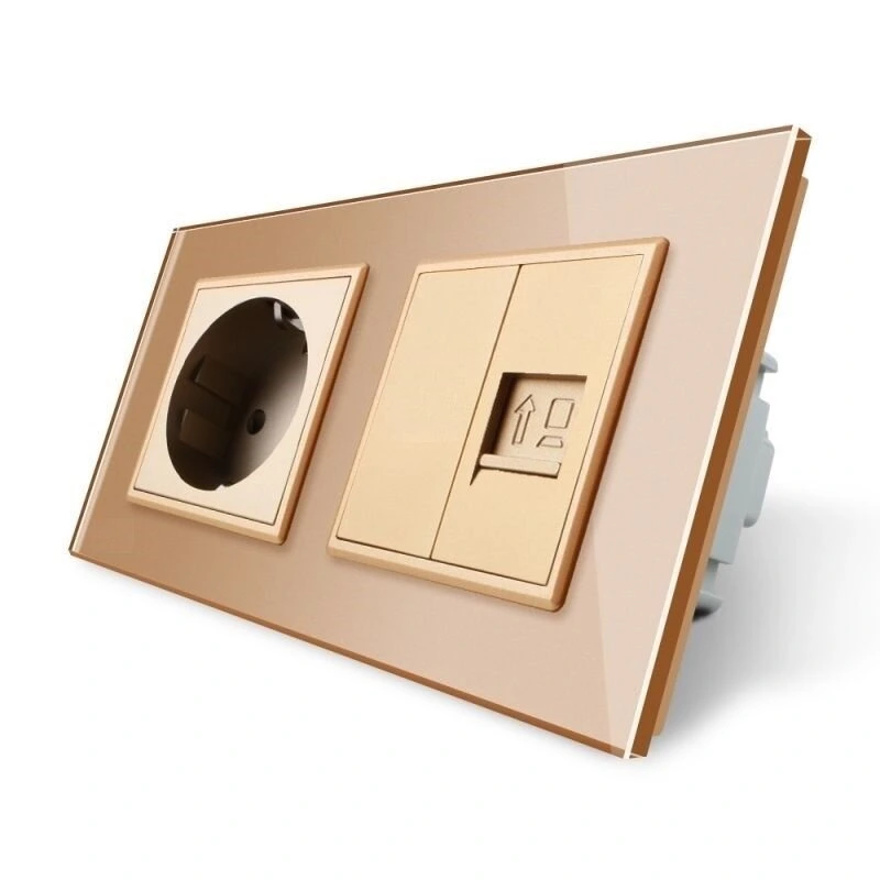 Розетка двомісна комбінована Силова Інтернет Livolo золото скло (VL-C7C1EUK01C-13)