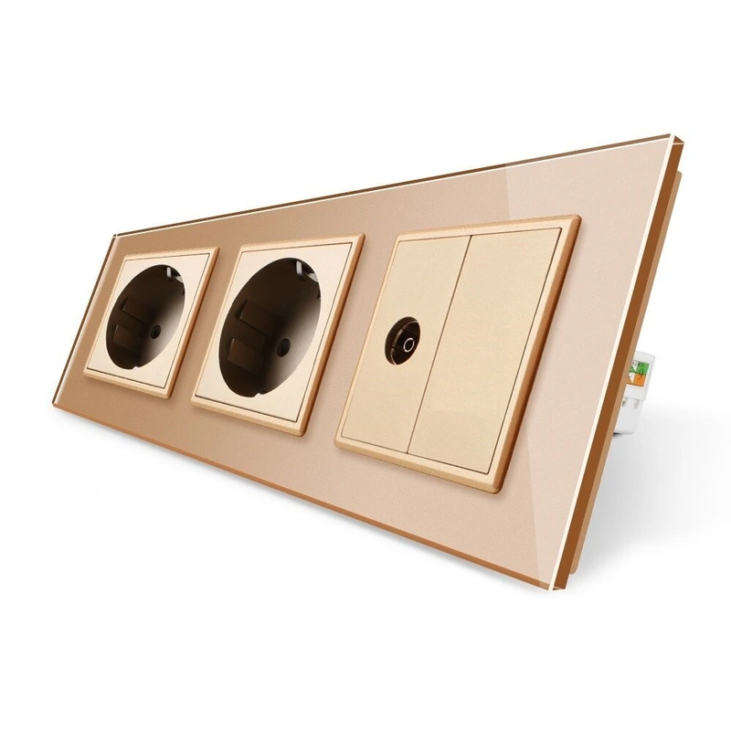Розетка тримісна комбінована Силова ТБ Livolo золото скло (VL-C7C2EU1VK0-13)