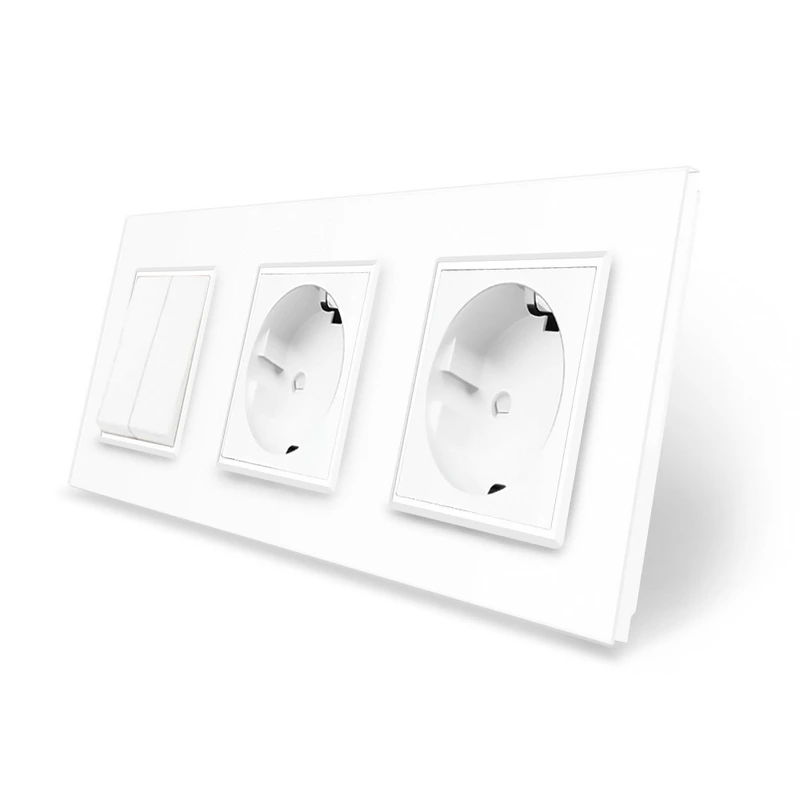 Двоклавішний вимикач з подвійною розеткою Livolo білий скло (VL-C7C2EUK2-11)