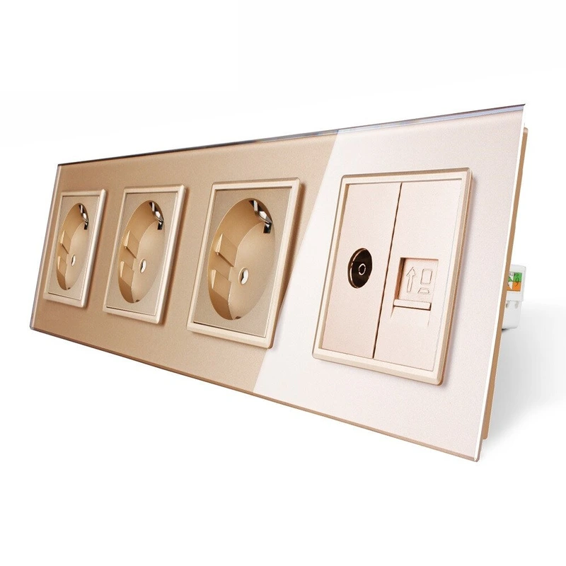Розетка чотиримісна комбінована Силова Інтернет ТБ Livolo золото скло (VL-C7C3EU1C1V-13)