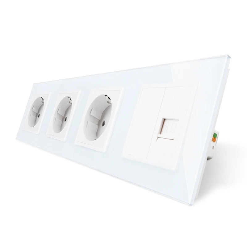 Розетка чотиримісна комбінована Силова Інтернет Livolo білий скло (VL-C7C3EU1CK0-11)