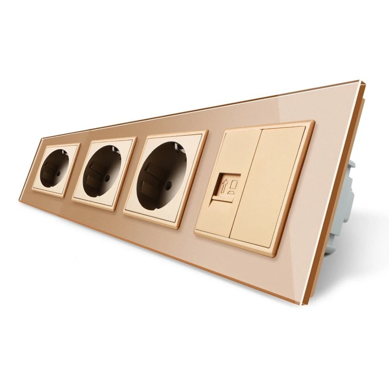 Розетка чотиримісна комбінована Силова Інтернет Livolo золото скло (VL-C7C3EU1CK0-13)