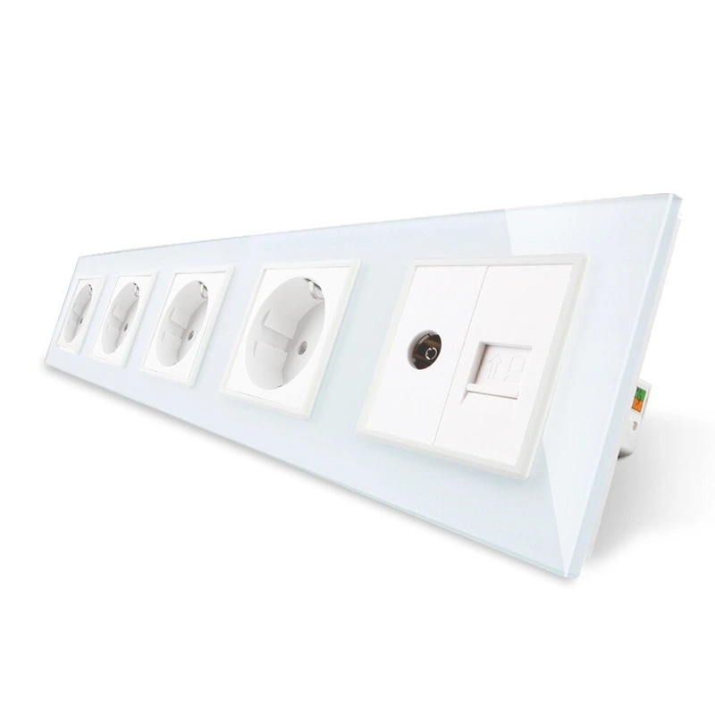 Розетка п'ятимісна комбінована Силова Інтернет ТБ Livolo білий скло (VL-C7C4EU1C1V-11)