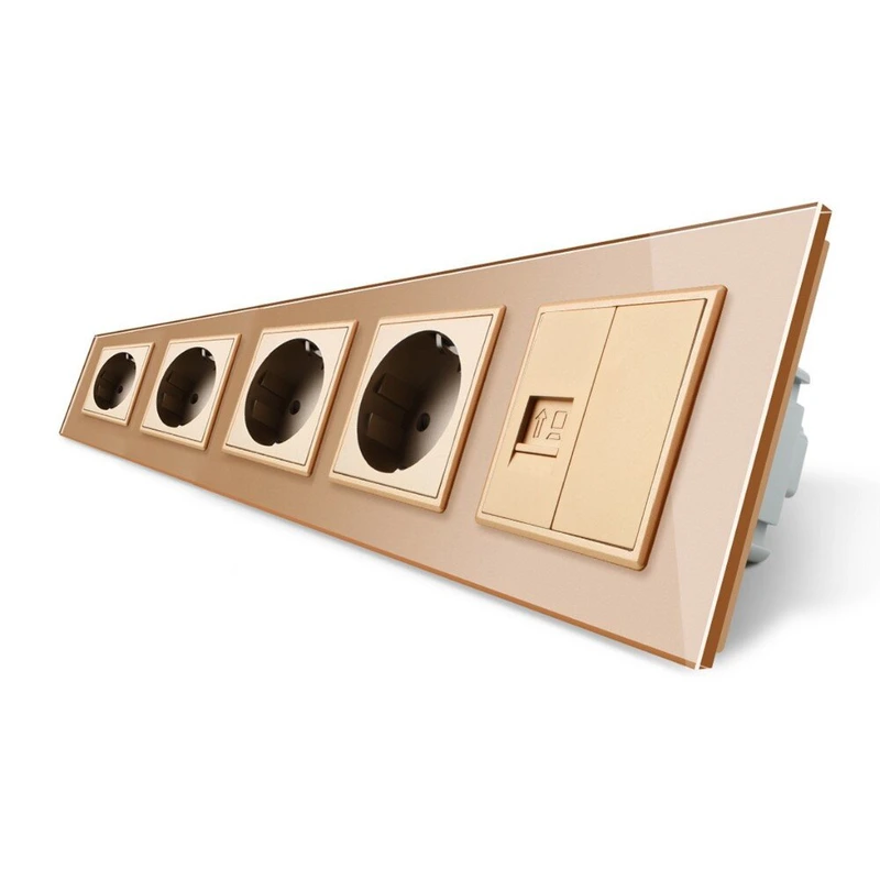 Розетка п'ятимісна комбінована Силова Інтернет Livolo золото скло (VL-C7C4EUK01C-13)