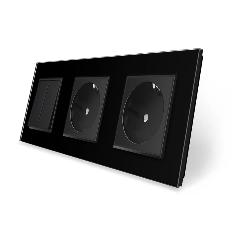Двоклавішний вимикач з подвійною розеткою LIVOLO чорний матовий скло — Livolo