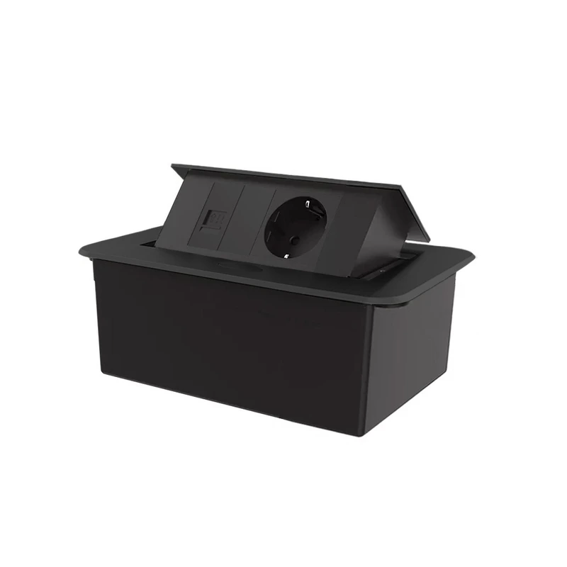 Меблева розетка LIVOLO чорна, у стільницю, з інтернет, висувна, з заземленням, плавне відкриття, алюміній