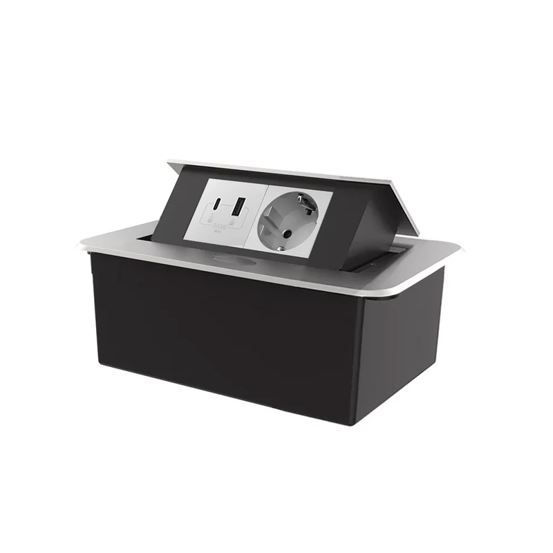 Меблева розетка LIVOLO срібна, вбудована у стільницю, з USB-A і USB Type-C 36 Вт, висувна, з заземленням, плавне відкриття, алюміній (VL-SHS012-TC-UA.UCIP-S) (VL-SHS012-TC.UA.UC-IP-S)