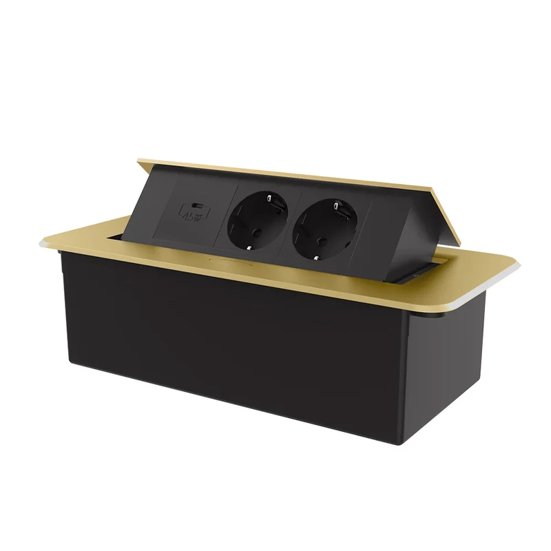 Меблева розетка потрійна LIVOLO золота, вбудована у стільницю, з USB Type-C 45 Вт, висувна, з заземленням, плавне відкриття, алюміній (VL-SHS013-TC-UC45W-BP-A) (VL-SHS013-TC.UC45W-BP-A)