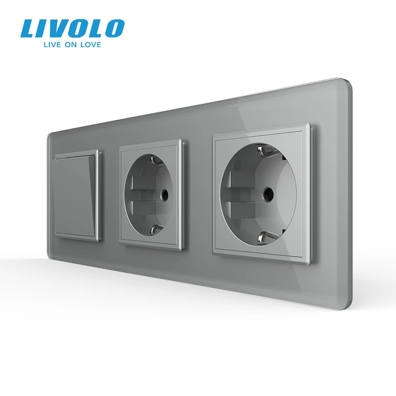 Одноклавішний вимикач з подвійною розеткою LIVOLO сірий 2.5D скло — Livolo