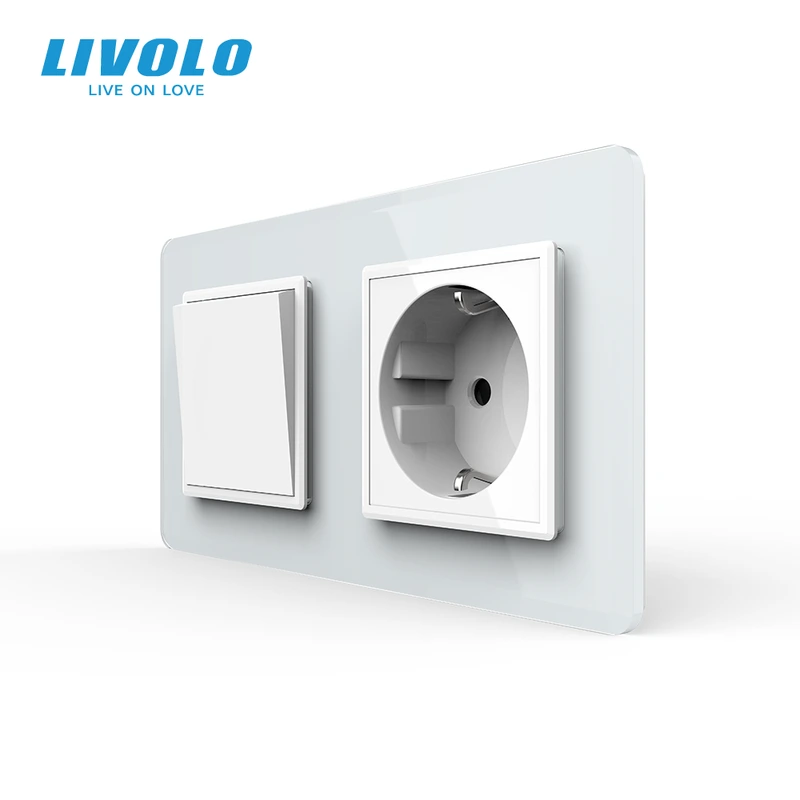 Одноклавішний вимикач з розеткою LIVOLO білий 2.5D скло