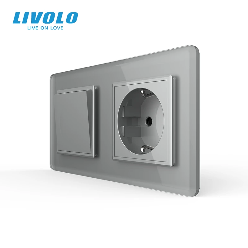 Одноклавішний вимикач з розеткою LIVOLO сірий 2.5D скло — Livolo