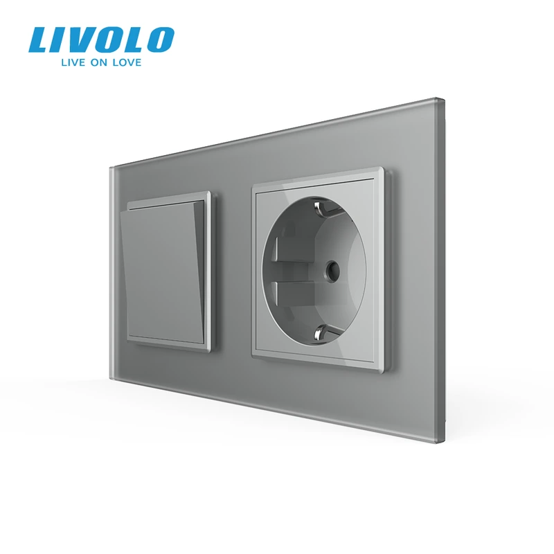 Одноклавішний вимикач з розеткою LIVOLO сірий матовий скло — Livolo