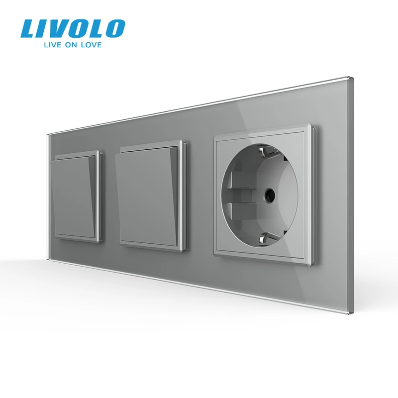 Перехресний 2-клавішний вимикач (1-1) з розеткою, LIVOLO сірий скло