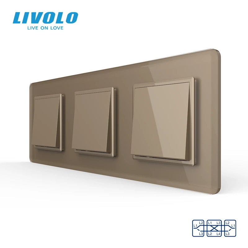 Перехресний вимикач 3-клавішний (1-1-1) LIVOLO золотий 2.5D скло