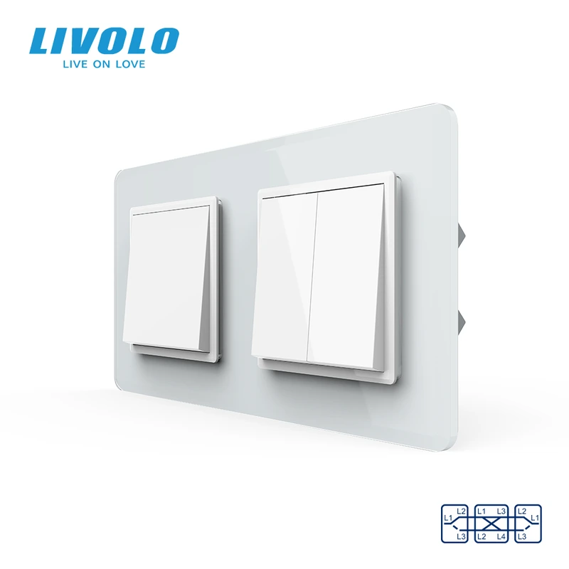 Перехресний вимикач 3-клавішний (1-2) LIVOLO білий 2.5D скло — Livolo