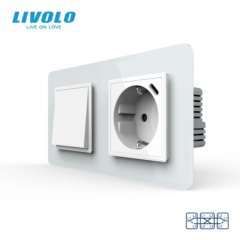 Перехресний вимикач LIVOLO з розеткою та USB Type-C 18Вт, білий 2.5D, скло, із заземленням і захисними шторками — Livolo