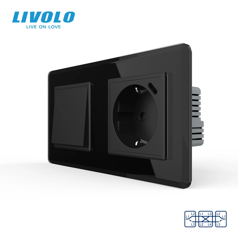 Перехресний вимикач LIVOLO з розеткою та USB Type-C 18Вт, чорний 2.5D, скло, із заземленням і захисними шторками — Livolo