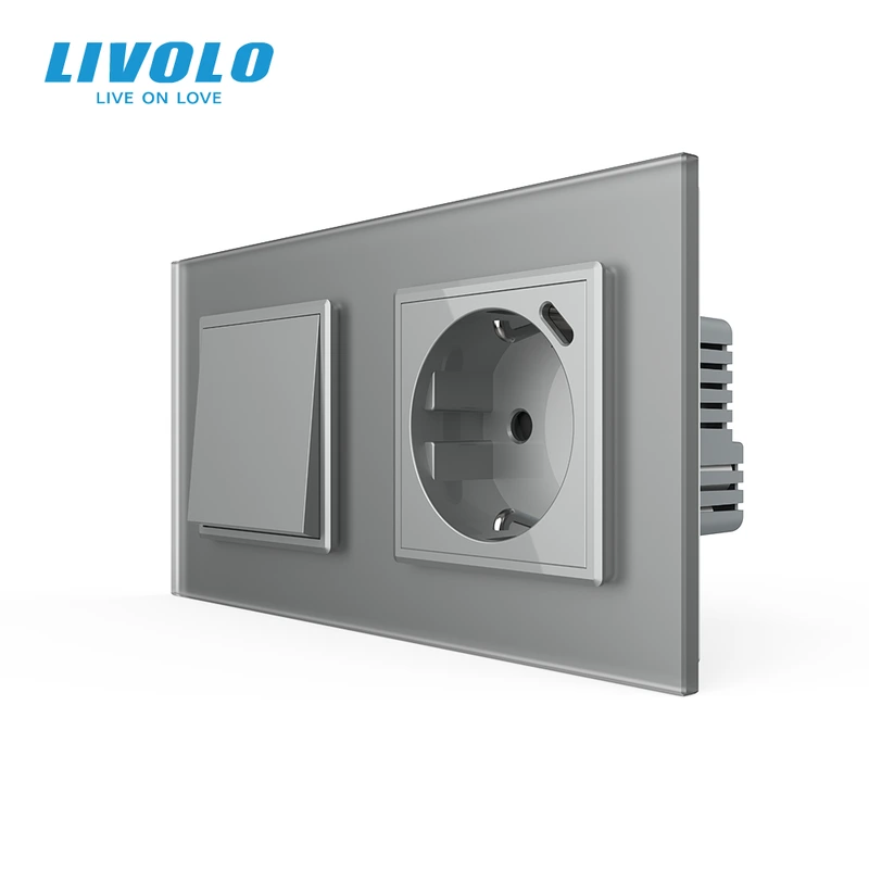 Перехресний вимикач LIVOLO з розеткою та USB Type-C 18Вт, сірий матовый, скло, із заземленням і захисними шторками