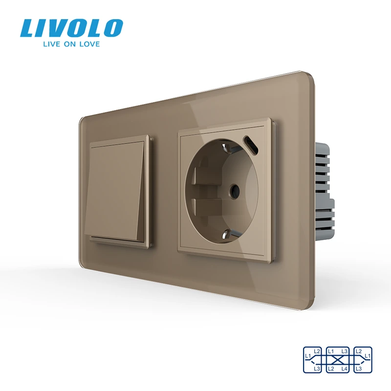 Перехресний вимикач LIVOLO з розеткою та USB Type-C 18Вт, золотий 2.5D, скло, із заземленням і захисними шторками — Livolo