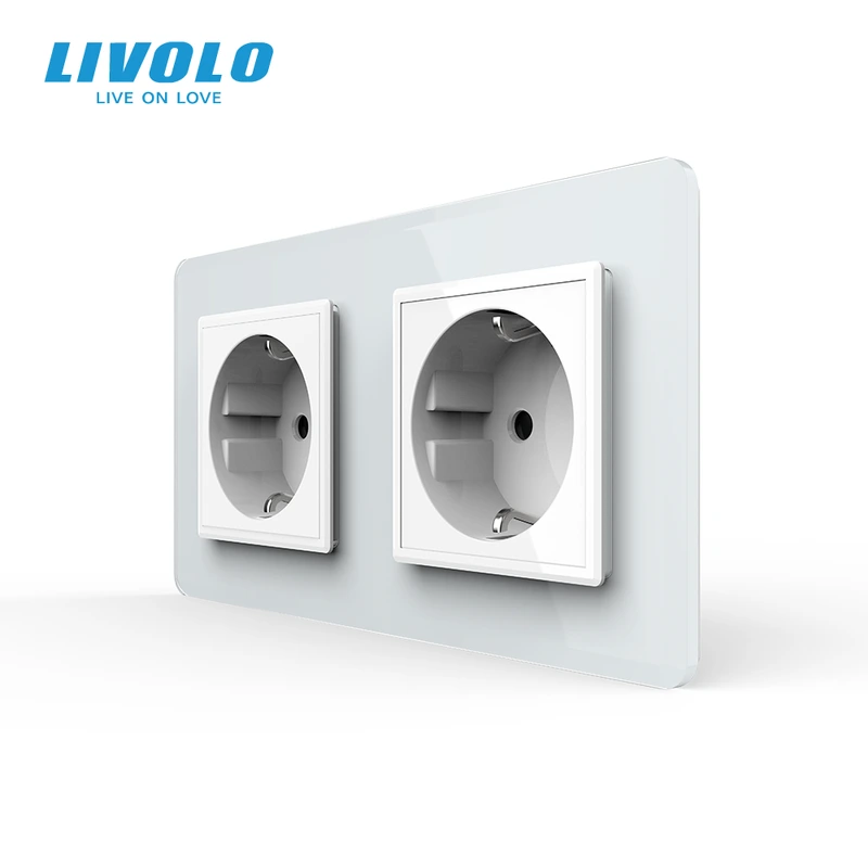 Подвійна електрична розетка з заземленням LIVOLO, біла, скляна 2.5D рамка, шторки, 250В 16А