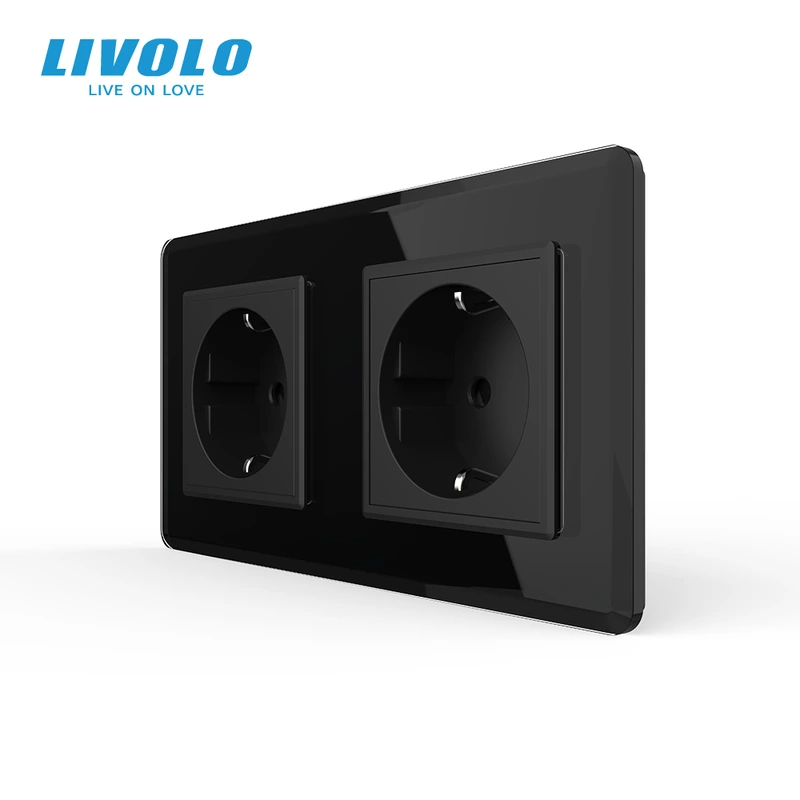 Подвійна електрична розетка з заземленням LIVOLO, чорна, скляна 2.5D рамка, шторки, 250В 16А