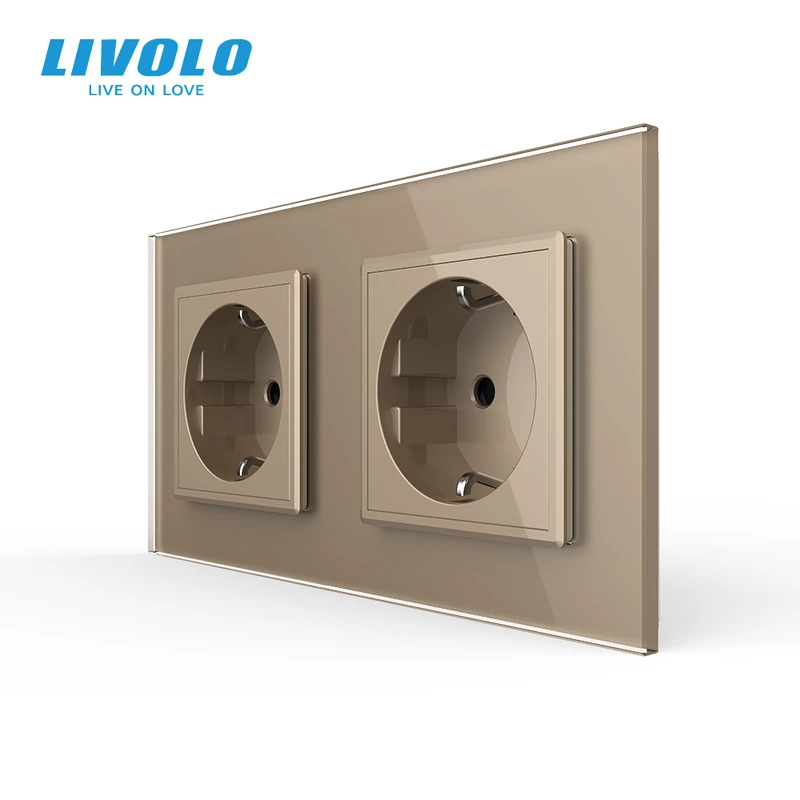 Подвійна електрична розетка з заземленням LIVOLO, золота, скляна 2.5D рамка, шторки, 250В 16А