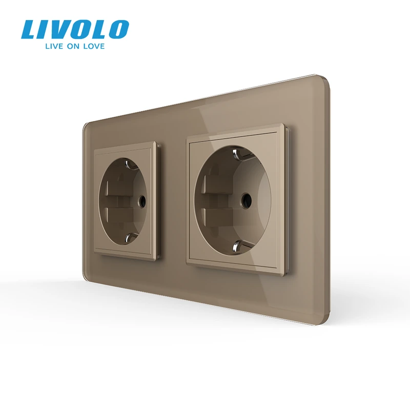 Подвійна електрична розетка з заземленням LIVOLO, золота, скляна 2.5D рамка, шторки, 250В 16А