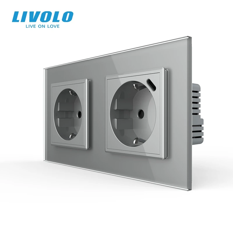 Подвійна розетка LIVOLO з USB Type-C 18Вт, із заземленням, шторки, сіра, скляна рамка, 250В, 16А