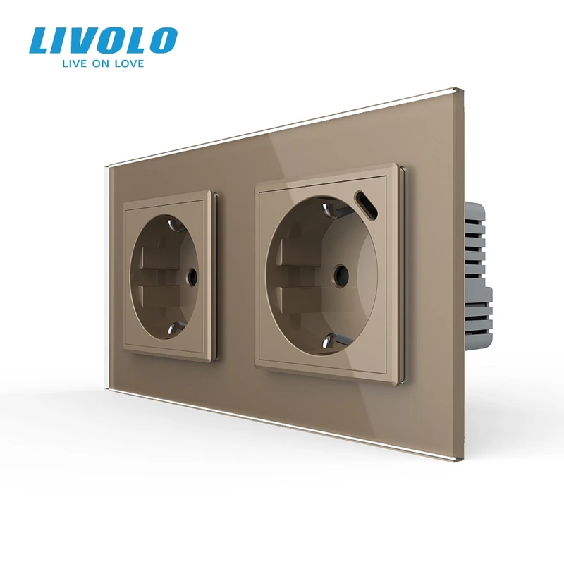 Подвійна розетка LIVOLO з USB Type-C 18Вт, із заземленням, шторки, золота, скляна рамка, 250В, 16А