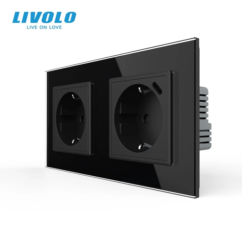 Подвійна розетка LIVOLO з USB Type-C 18Вт, із заземленням, шторки, чорна, скляна рамка, 250В, 16А