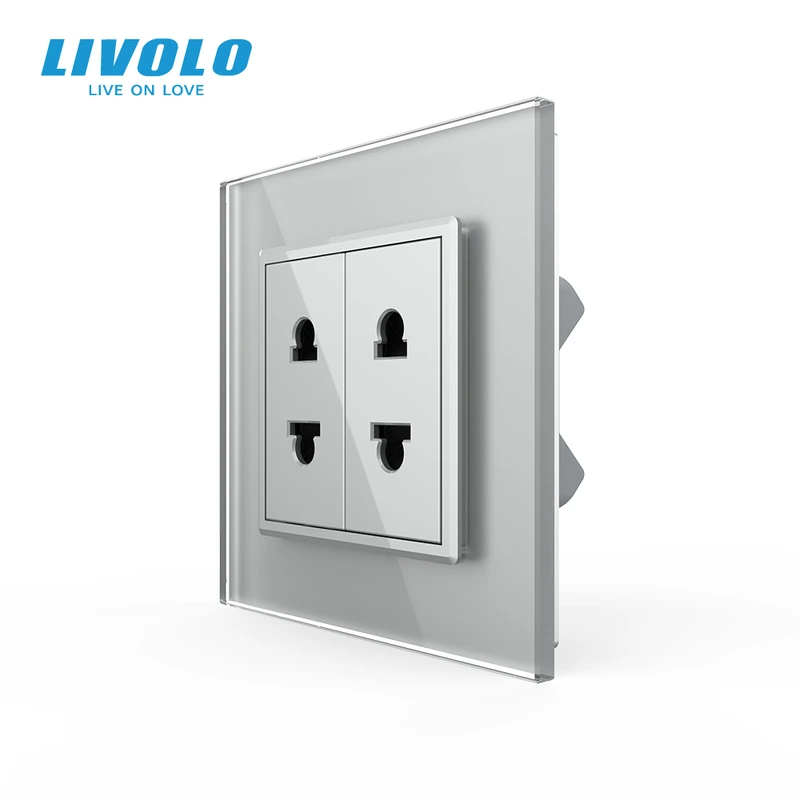 Подвійна універсальна розетка LIVOLO 2 стандарти в 1, сіра, дизайнерська, настінна, скляна рамка